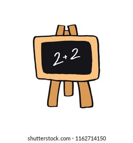Doodle retro style blackboard icon in hand-drawn colorful style with black contour. Chalkboard easel with "2 plus 2" exercise for math study. Simple illustration for web, print, or advertising use.