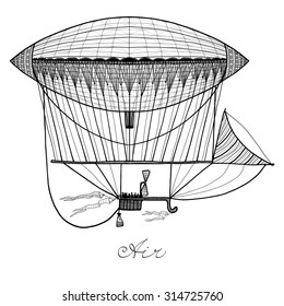 Doodle retro style zeppelin airship black pencil calligraphic vector illustration
