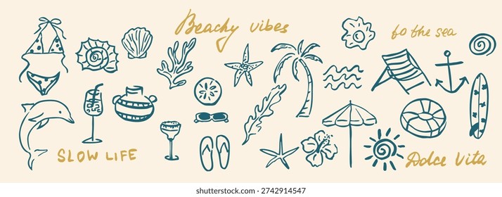 Doodle retro summer beach vacation elements
