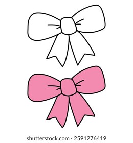 Doodle ribbon bow, gift ribbon, bow knots coloring pages for kids. Trace and color ribbon bow. Cute coquette core aesthetic pink ribbon bow clipart, icon vector.