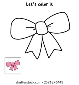 Doodle ribbon bow, gift ribbon, bow knots coloring pages for kids. Trace and color ribbon bow. Cute coquette core aesthetic pink ribbon bow clipart, icon vector.