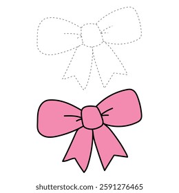 Doodle ribbon bow, gift ribbon, bow knots coloring pages for kids. Trace and color ribbon bow. Cute coquette core aesthetic pink ribbon bow clipart, icon vector.