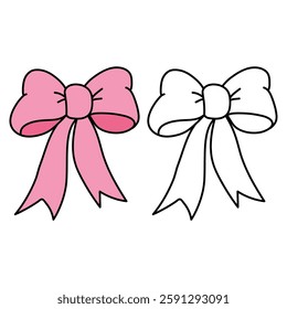 Doodle ribbon bow, gift ribbon, bow knots coloring pages for kids. Trace and color ribbon bow. Cute coquette core aesthetic pink ribbon bow clipart, icon vector.