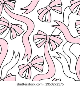 Doodle ribbon bows vector seamless background. Simple cute girl themed pattern. Perfect for baby girlish design, kids fashion fabric prints, bedding and sleepwear.