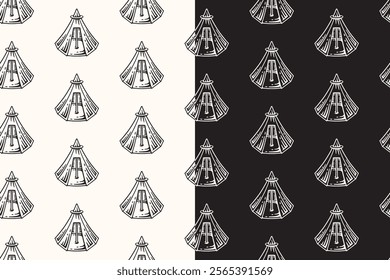 doodle ridge tent seamless pattern on black white background for camping adventure merchandise.  retro camping tent pattern background. pattern of outdoor camping tent vector background