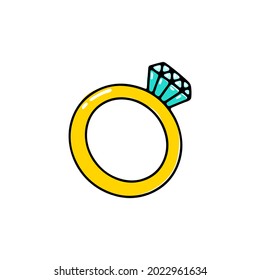 Doodle ring with diamond. A hand-drawn piece of jewelry with brilliant gemstone. Golden bridal ring is a symbol of engagement, wedding, marriage, love, Valentines Day, present. Vector illustration