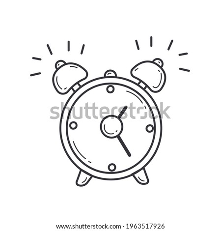 Doodle Ringing Vintage Alarm Clock with Bells in Sketch style. Hand Drawn Round Clock for Wake Up. Outline Elements for Business and School. Isolated on  white background.