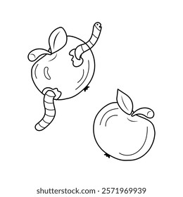 Doodle ripe apple and rotten apple with worm. Vector line black and white illustration. The topic is fresh and expired, spoiled, maggot eaten product.