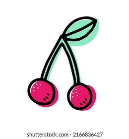 Doodle ripe juicy cherry. Pink red berries with leaf isolated on white background. Hand-drawn fruit as a symbol of summer, healthy raw food, gardening, market. Fresh cute print. Vector illustration