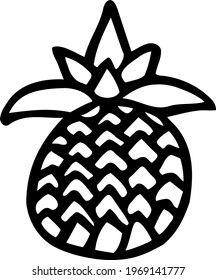 Doodle of ripe pineapple for kids icons. Hand drawn tropical fruit. Funny rounded ananas. Delicious vegetarian dessert. Black food line art . African clipart in jungle theme to design baby patterns.  