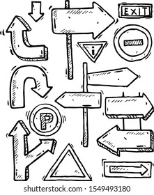 Doodle of Road signs. Vector illustration. A set of simple sketches of arrows. Up, down, left, right.Doodle style on white background