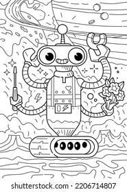 Doodle Of Robot. Line Art. Vector Illustration.