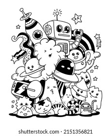 doodle robot in space illustration