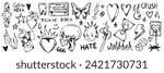 Doodle rock grunge set, graffiti groovy vector punk heart print kit emo gothic hand drawn skull sign. Marker scribble sticker, crayon wax paint collage icon, flame. Rock doodle y2k line sketch tattoo