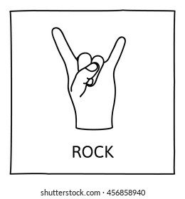 Doodle ROCK icon. Hand drawn gesture symbol. Line art style graphic design element. Heavy metal music, devils horns gesture concept. Vector illustration