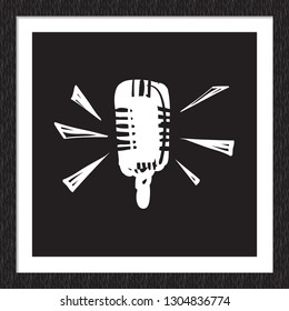 Doodle rock music sign: microphone. Hand drawn white vector icon for music band, concert, party. Isolated element on black background in square wood frame.