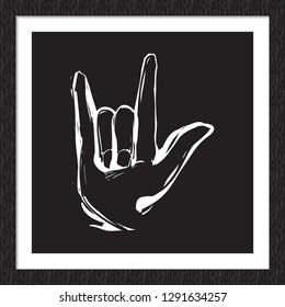 Doodle rock music sign: rock'n'roll gesture. Hand drawn white vector icon for music band, concert, party. Isolated element on black background in square wood frame.