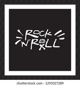 Doodle rock music sign: rock'n'roll inscription. Hand drawn white vector icon for music band, concert, party. Isolated element on black background in square wood frame.