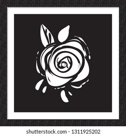Doodle rock music sign: simple rose. Hand drawn white vector icon for music band, concert, party. Isolated element on black background in square wood frame.