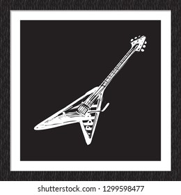 Doodle rock music sign: solo guitar. Hand drawn white vector icon for music band, concert, party. Isolated element on black background in square wood frame.