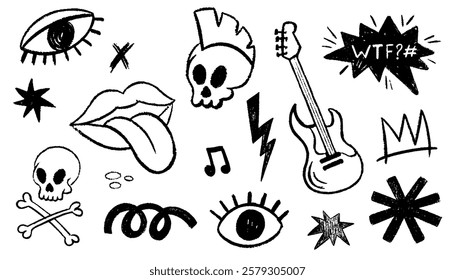 Doodle rock set. Crayon brush stroke hand drawn sketch style doodle rock punk lightning tattoo, rock punk music star grunge tattoo. Scribbles, scrawls, stars, crown, curly lines, vector icon