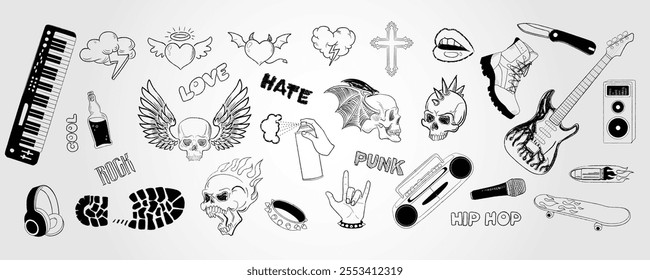 Doodle rock tattoo. Y2K cute shapes. Love heart with fire flame or wings. 90s fashion sticker. Graffiti grunge music punk. Gothic skeleton. Skateboard and rocker guitar. Vector scribble elements set