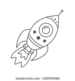 Doodle rocket. Cartoon spaceship. Hand drawn celestial outline icon of spacecraft. Vector illustration isolated on white background