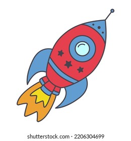 Doodle rocket. Cartoon spaceship. Hand drawn celestial icon of spacecraft. Vector illustration isolated on white background