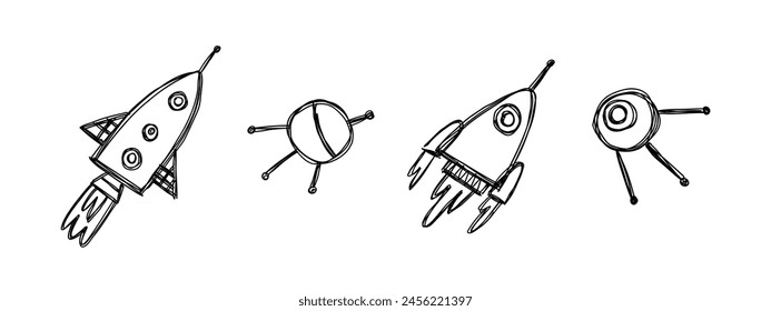 Doodle rocket and flying saucers. Space, stars, spaceship. Vector illustration.