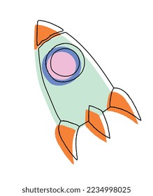 Doodle rocket icon. Space transport, galaxy and universe. Travel and adventure, scientific research. Start up metaphor. Retro style and back to 1980s and 1990s. Cartoon flat vector illustration