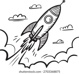 Doodle Rocket Scene with Clouds and Stars in Hand Drawn Style