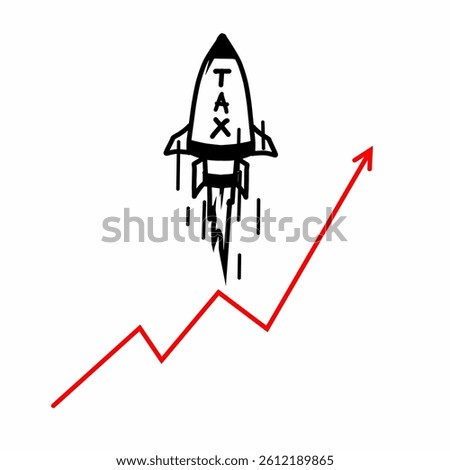Doodle rocket tax with red graph arrow up, vector concept for business illustration isolated on white background