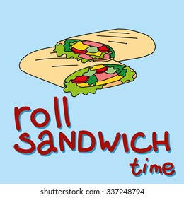 doodle roll sandwiches with hand drawn letters on blue background