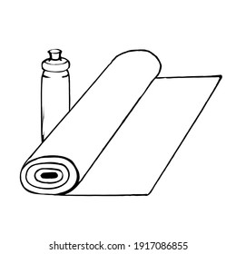 Doodle rolled up yoga mat and bottle on white background.Vector composition can be used in healthy lifestyle advertising, magazines,textiles, and labels.
