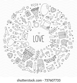 Doodle romance love wedding save the date round frame black and white doodle icons