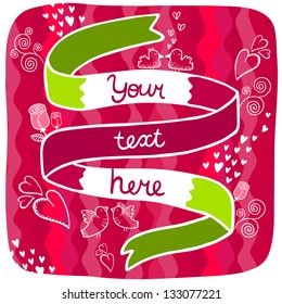 Doodle romantic card with ribbon. Love postcard.