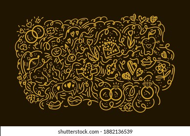 Doodle romantic gold background. Abstract pattern tender hearts, rings, linear flowers, arrows, apple, envelope. Cartoon textured golden love concepts. Textile fabric for lovers. Vector illustration