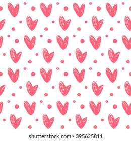 Doodle romantic love seamless pattern background. Hand drawn simple graphic hearts isolated on white