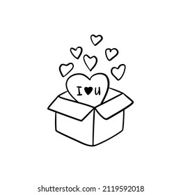 Doodle romántica caja abierta con corazones, clienta de vacaciones