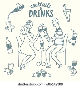 Doodle romantic pair drinking wine. Including set of  hands with drinks and bottles. Hand drawn brush vector cartoon illustration for your design.