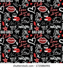 doodle romantic pattern in girlish style with pop art lips, text, heart,graffity, coffe cup.trendy background for cover , textile and paper design.