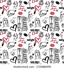 doodle romantic pattern in girlish style with pop art lips, text, heart,graffity, 
girl portraits, lips, jeans.Trendy background for cover , textile and paper design.