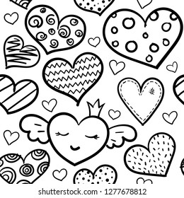 Doodle romantic seamless pattern. Black and white marker hearts. Valentines Day vector design concept for fashion textile print, wrapping and backgrounds