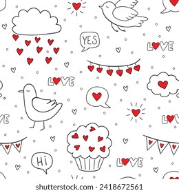 Doodle romantic seamless pattern. Design for fashion textile print, wrapping. Seamless pattern with love symbols; hearts, teddy bear. banner, romantic chat