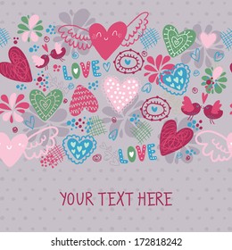 Doodle romantic seamless pattern with love, hearts and birds and place for your text. Banner.
