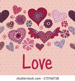 Doodle romantic seamless pattern with love, lace hearts. Valentin's card.