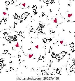 Doodle romantic seamless pattern with love, hearts and birds 