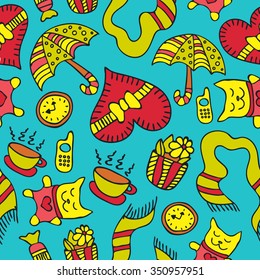 Doodle romantic seamless pattern with love, hearts, umbrella, clock, cat etc. Background for use in design, web site, packing, textile, fabric