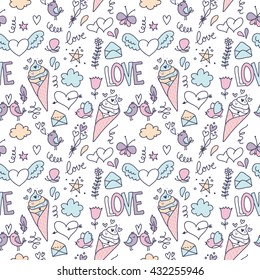 Doodle romantic seamless pattern with love, hearts and birds and flowers