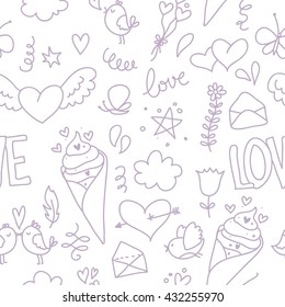 Doodle romantic seamless pattern with love, hearts and birds and flowers